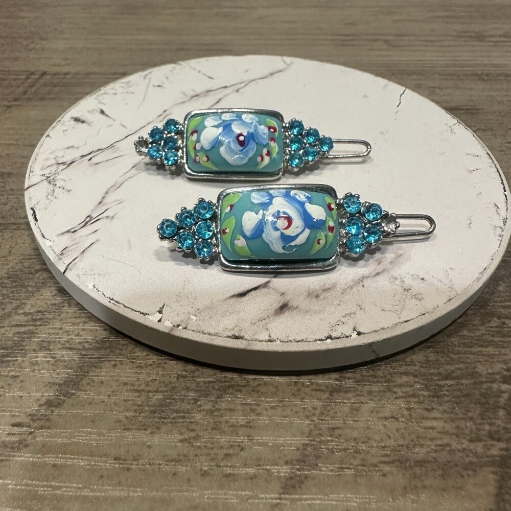EUC Vintage Hairclip Set Blue Green & White - Picture 2 of 9
